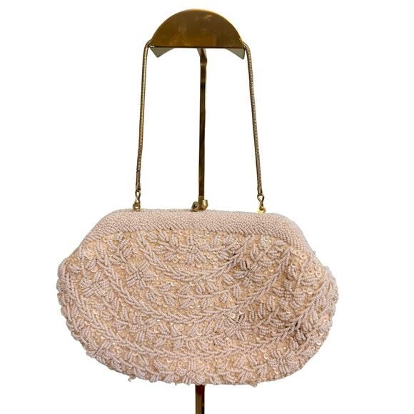 Vintage Handbags - Vintage Beaded Clutch Shoulder Bag Evening Handbag Purse Sequin Elegant Cream